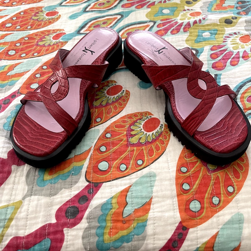 Gilbert Rohde Red Croc-Embossed Leather Slide Sandals - Picture 9 of 16